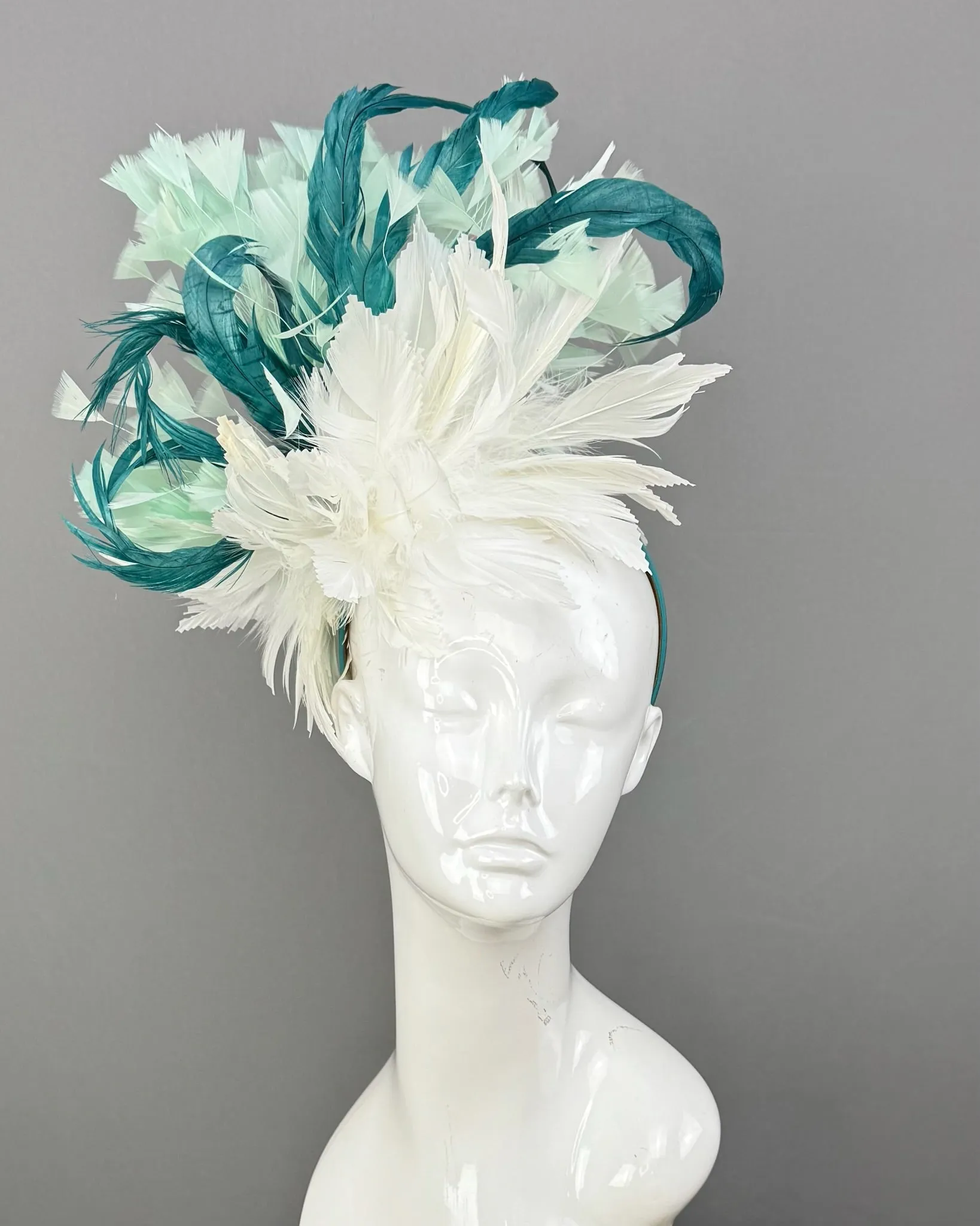 White, Mint and Teal Kentucky Derby fascinator, Derby Hat Alternative (GOLD LINE)