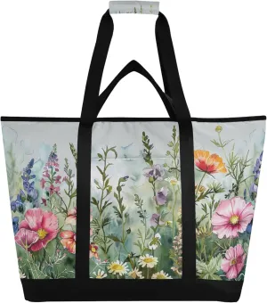 Wildflowers Reusable Insulated Cooler Bag with Ice Pack Compartment - Large 156L Waterproof Thermal Grocery Tote for Picnic Beach Camping Lunch Storage