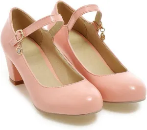 Women Fashion Round Toe Dress Pumps Ankle Strap Chunky Mid Block Heel Mary Janes Casual Work Shoes