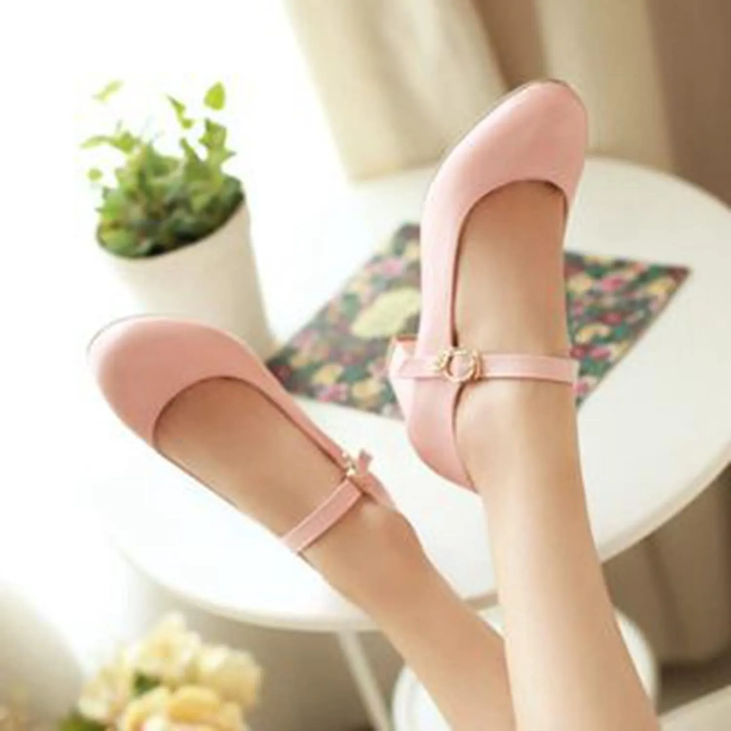 Women Fashion Round Toe Dress Pumps Ankle Strap Chunky Mid Block Heel Mary Janes Casual Work Shoes