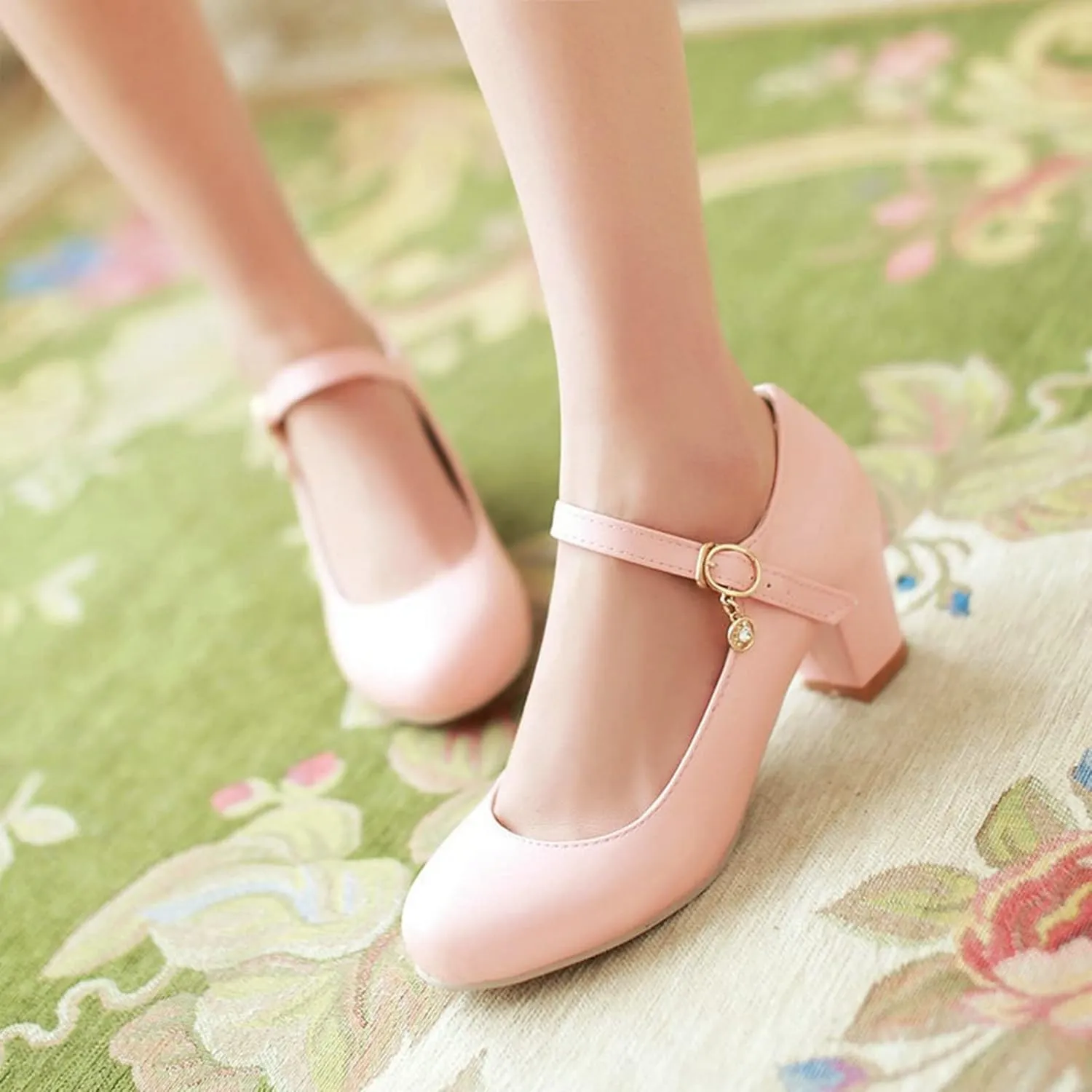 Women Fashion Round Toe Dress Pumps Ankle Strap Chunky Mid Block Heel Mary Janes Casual Work Shoes
