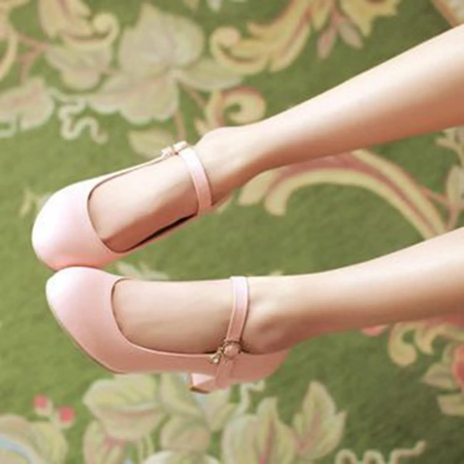 Women Fashion Round Toe Dress Pumps Ankle Strap Chunky Mid Block Heel Mary Janes Casual Work Shoes