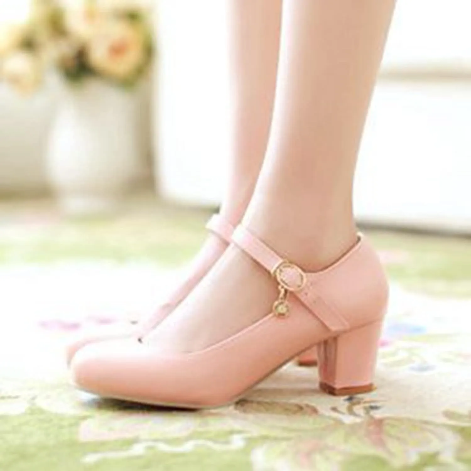 Women Fashion Round Toe Dress Pumps Ankle Strap Chunky Mid Block Heel Mary Janes Casual Work Shoes