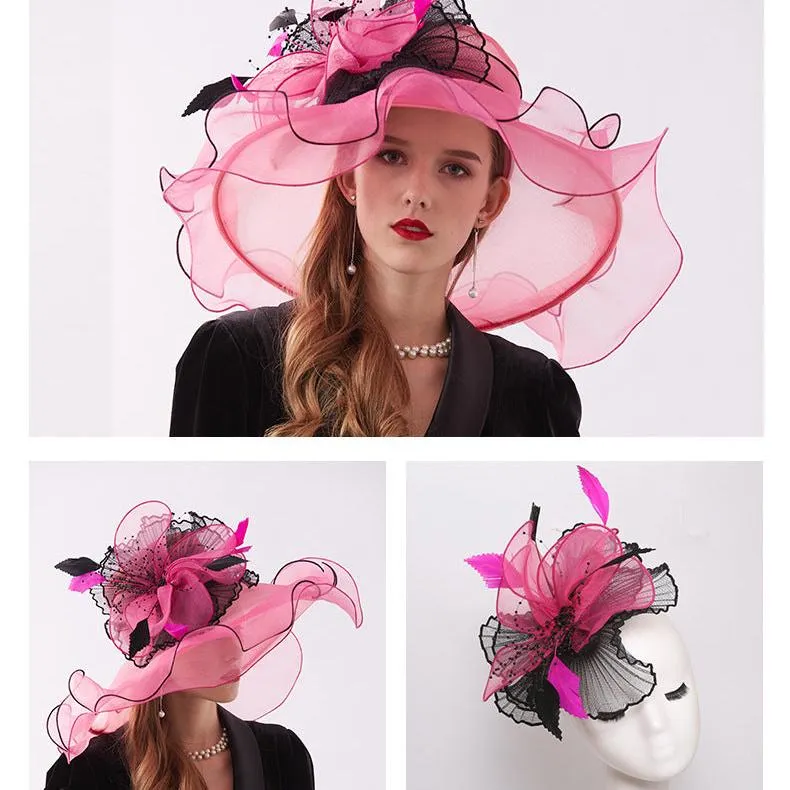 Women Organza Wide Brim Kentucky Derby Hats With Feather Decoration