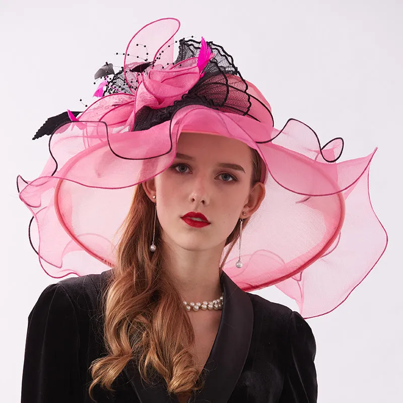 Women Organza Wide Brim Kentucky Derby Hats With Feather Decoration