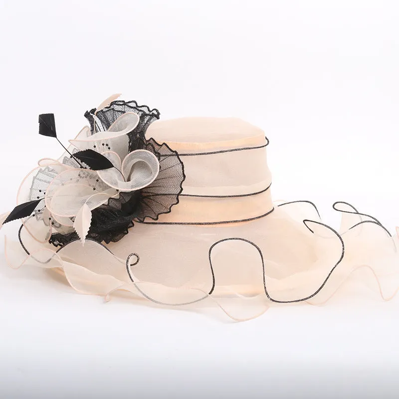 Women Organza Wide Brim Kentucky Derby Hats With Feather Decoration