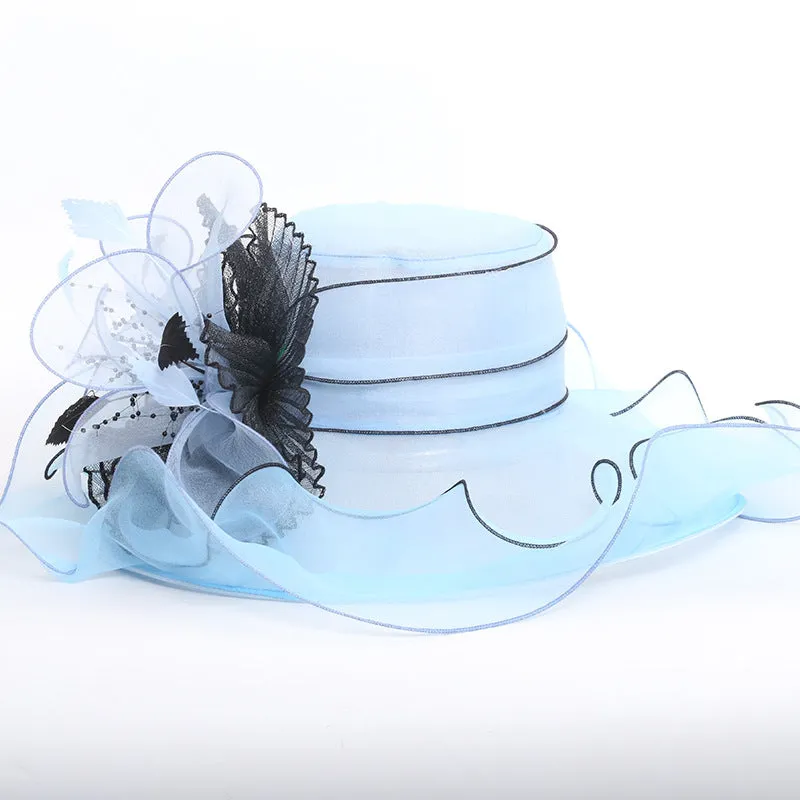 Women Organza Wide Brim Kentucky Derby Hats With Feather Decoration