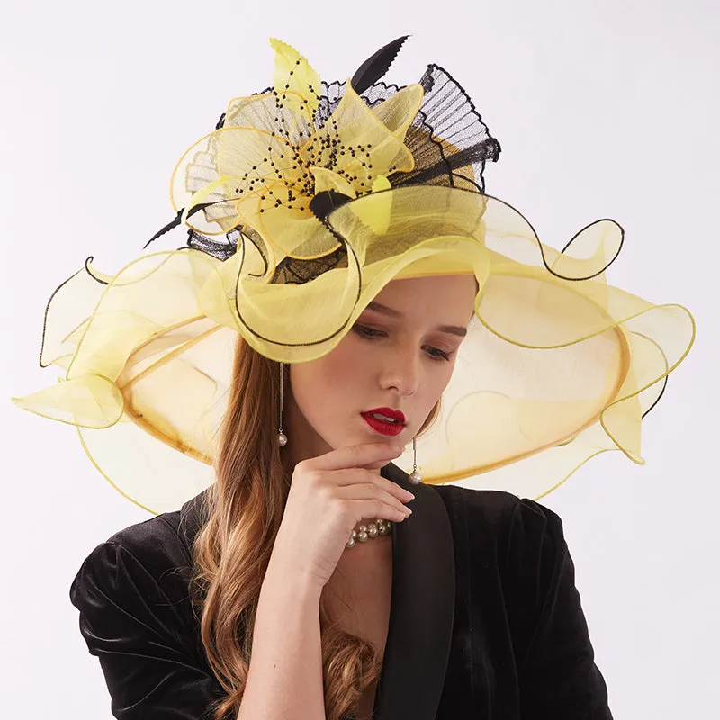 Women Organza Wide Brim Kentucky Derby Hats With Feather Decoration
