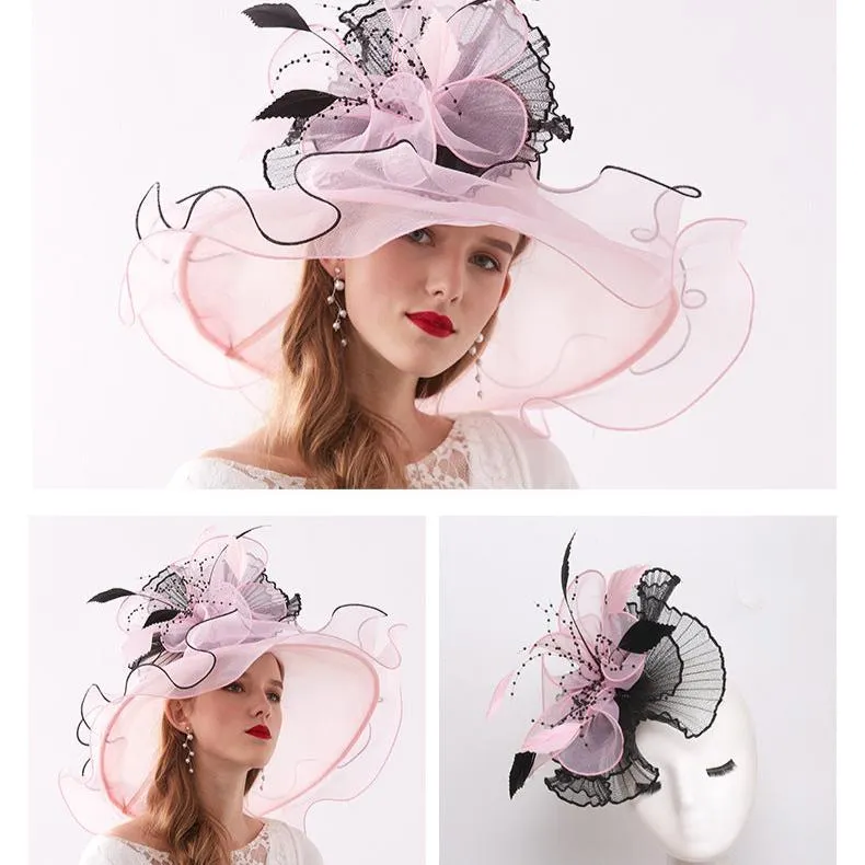 Women Organza Wide Brim Kentucky Derby Hats With Feather Decoration