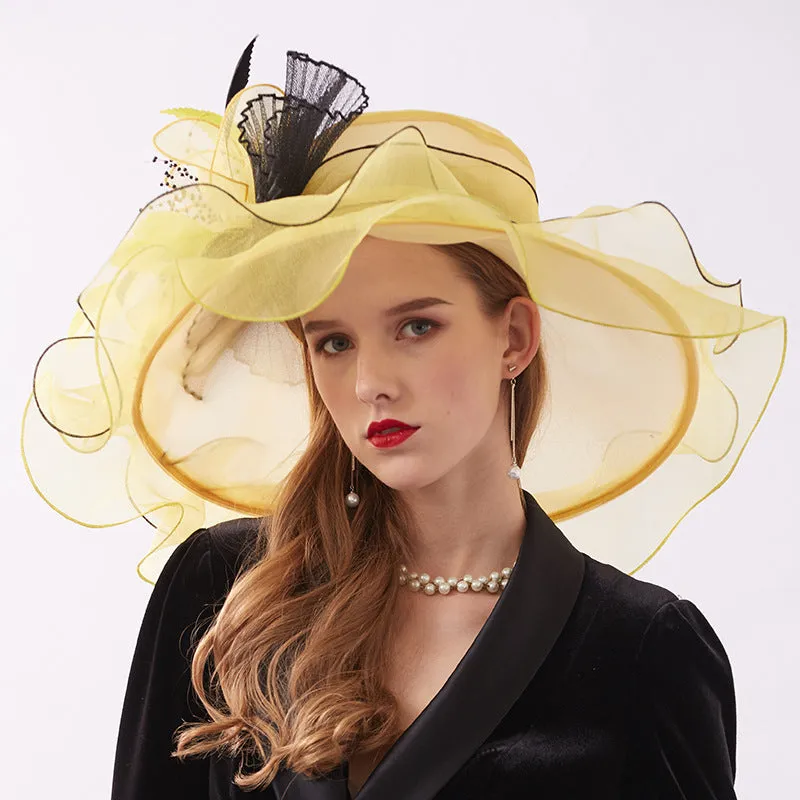 Women Organza Wide Brim Kentucky Derby Hats With Feather Decoration