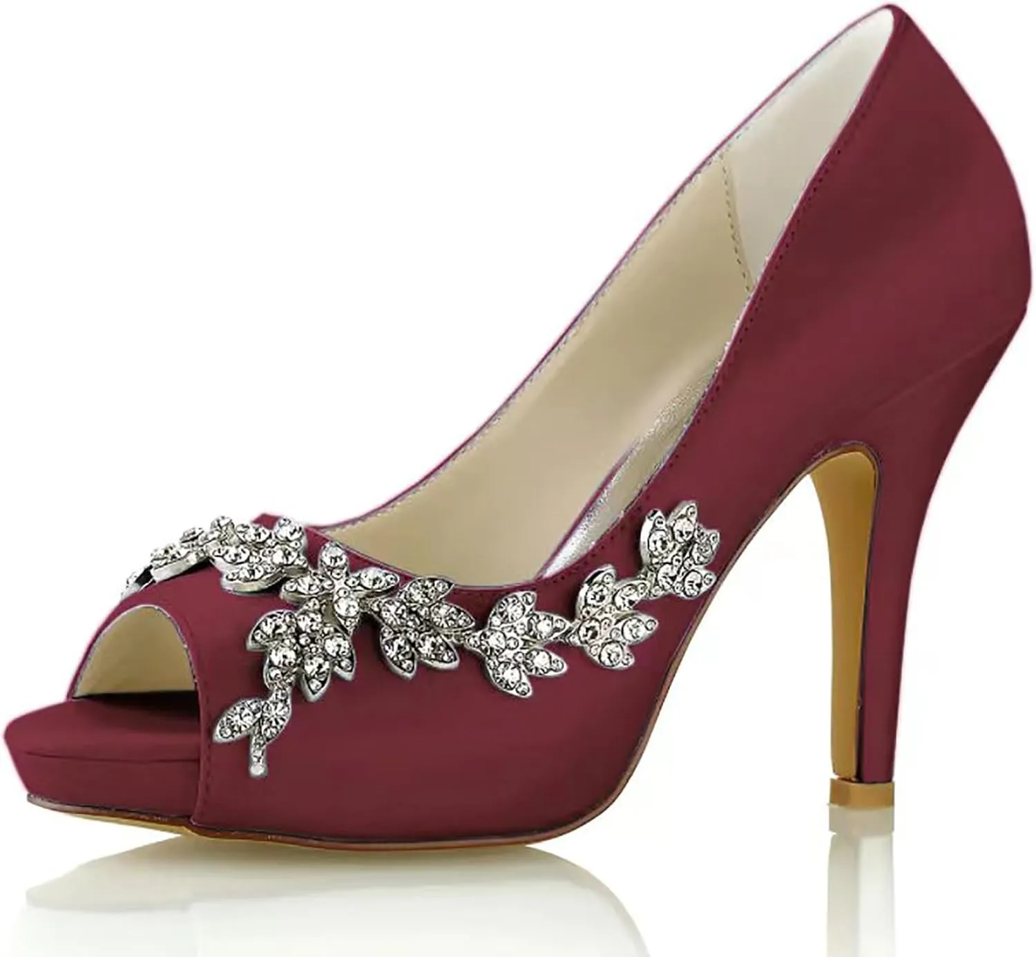 Women Peep Toe Platform Rhinestones Bridal Pumps Satin Stiletto Heels Slip On Wedding Bride Shoes with Crystal High Heel Wedding Pump