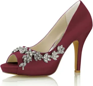 Women Peep Toe Platform Rhinestones Bridal Pumps Satin Stiletto Heels Slip On Wedding Bride Shoes with Crystal High Heel Wedding Pump