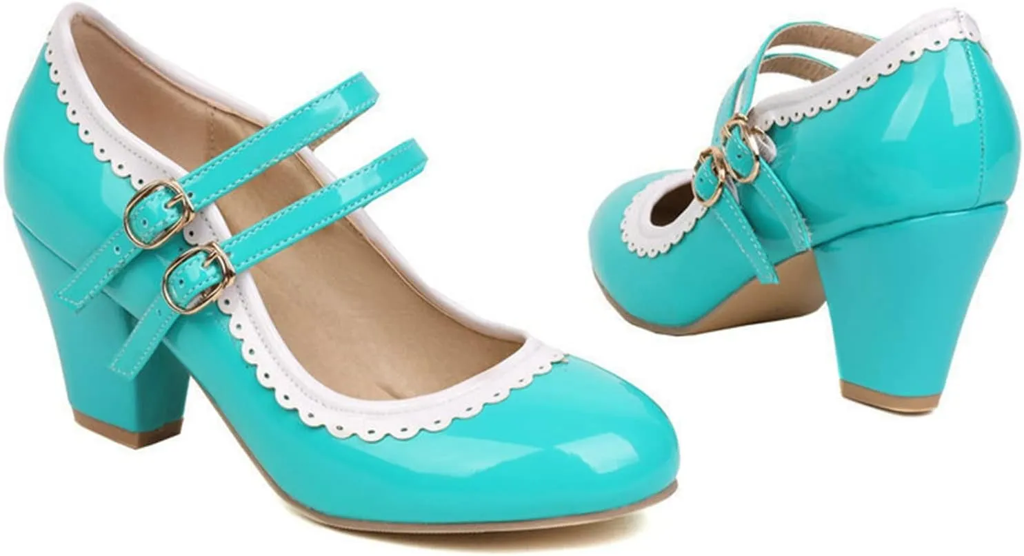 Women Round Toe Mary Jane Pumps Chunky Block High Heel Double Ankle Strap Sweet Dress Dating Shoes