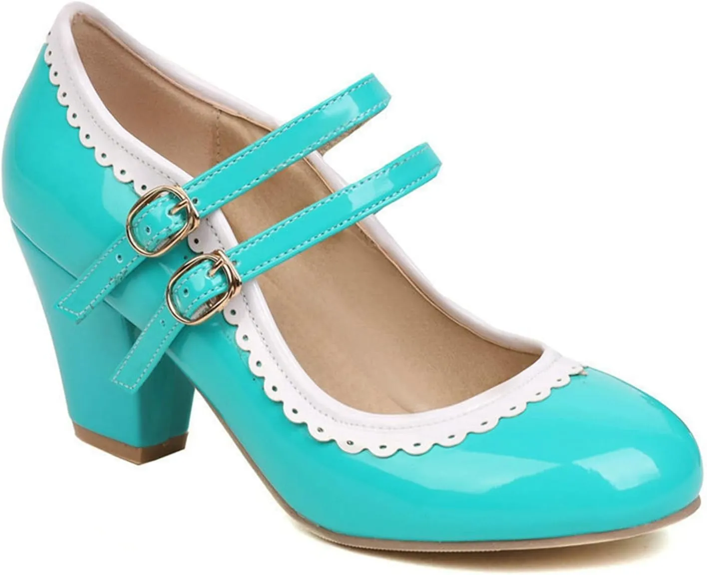 Women Round Toe Mary Jane Pumps Chunky Block High Heel Double Ankle Strap Sweet Dress Dating Shoes