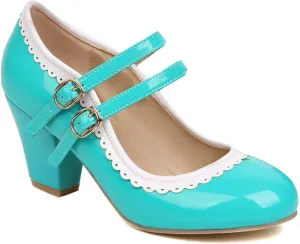 Women Round Toe Mary Jane Pumps Chunky Block High Heel Double Ankle Strap Sweet Dress Dating Shoes