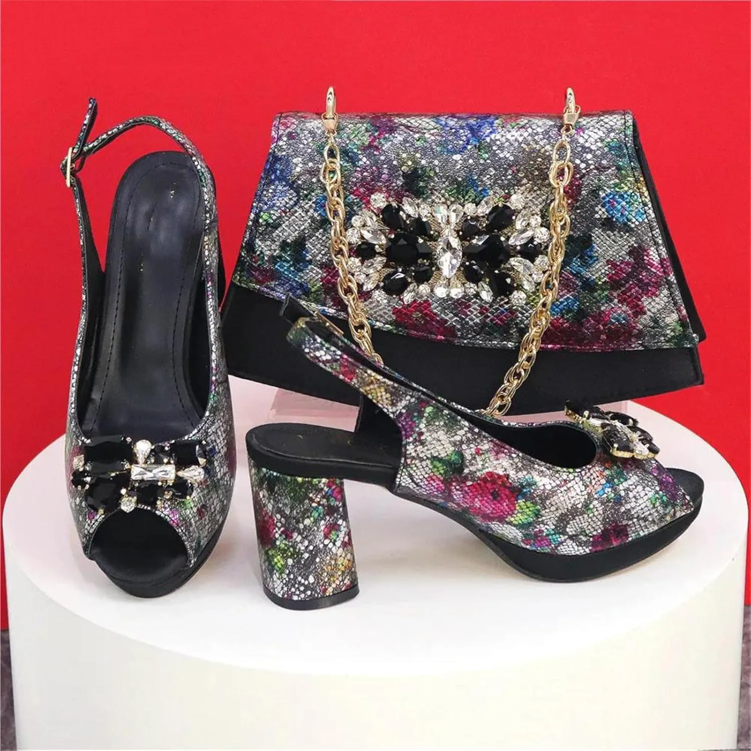 Womens 2025 Peep Toe Wedding Shoes Set Large Size Rhinestone Pumps and Big Evening Bag Party Satin Clutch Purse