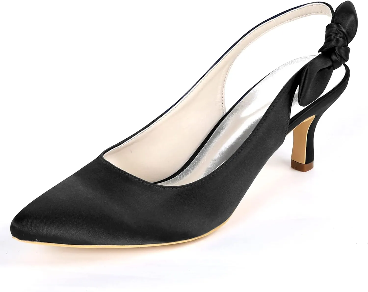 Women's Bridal Shoes Closed Toe 2.36" Kitten Heel Slingback Strap Bow Tie Pumps Satin Dress Shoes Wedding Shoes for The Bride