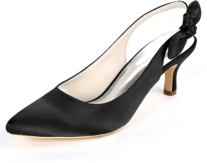Women's Bridal Shoes Closed Toe 2.36" Kitten Heel Slingback Strap Bow Tie Pumps Satin Dress Shoes Wedding Shoes for The Bride