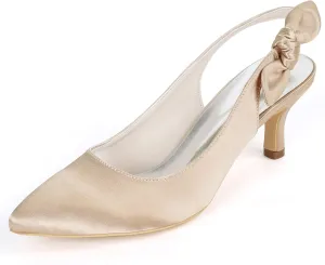 Women's Bridal Shoes Closed Toe 2.36" Kitten Heel Slingback Strap Bow Tie Pumps Satin Dress Shoes Wedding Shoes for The Bride