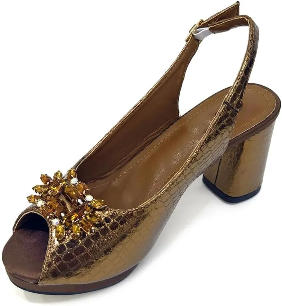 Women’S Brown Open Toe High Heels and Matching Bag Set with Rhinestone Decorations for Fashion Parties
