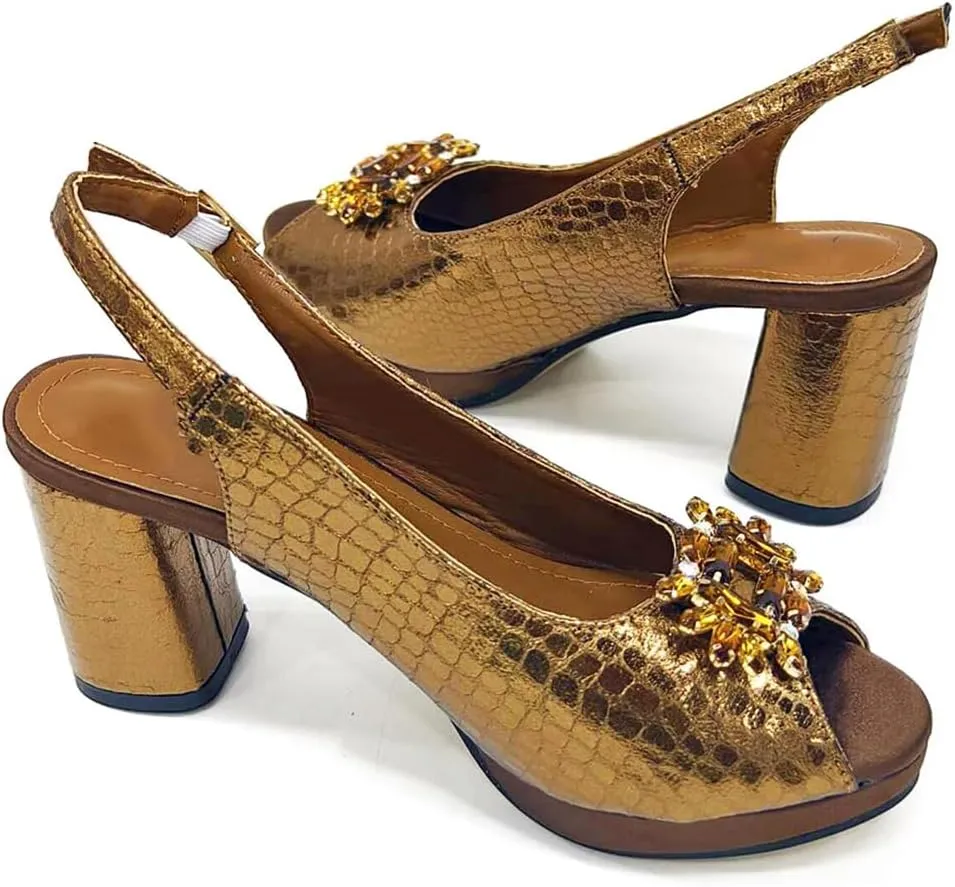 Women’S Brown Open Toe High Heels and Matching Bag Set with Rhinestone Decorations for Fashion Parties