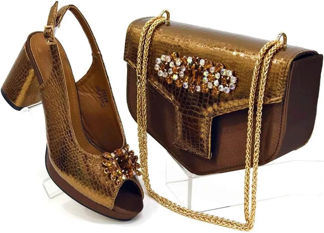 Women’S Brown Open Toe High Heels and Matching Bag Set with Rhinestone Decorations for Fashion Parties