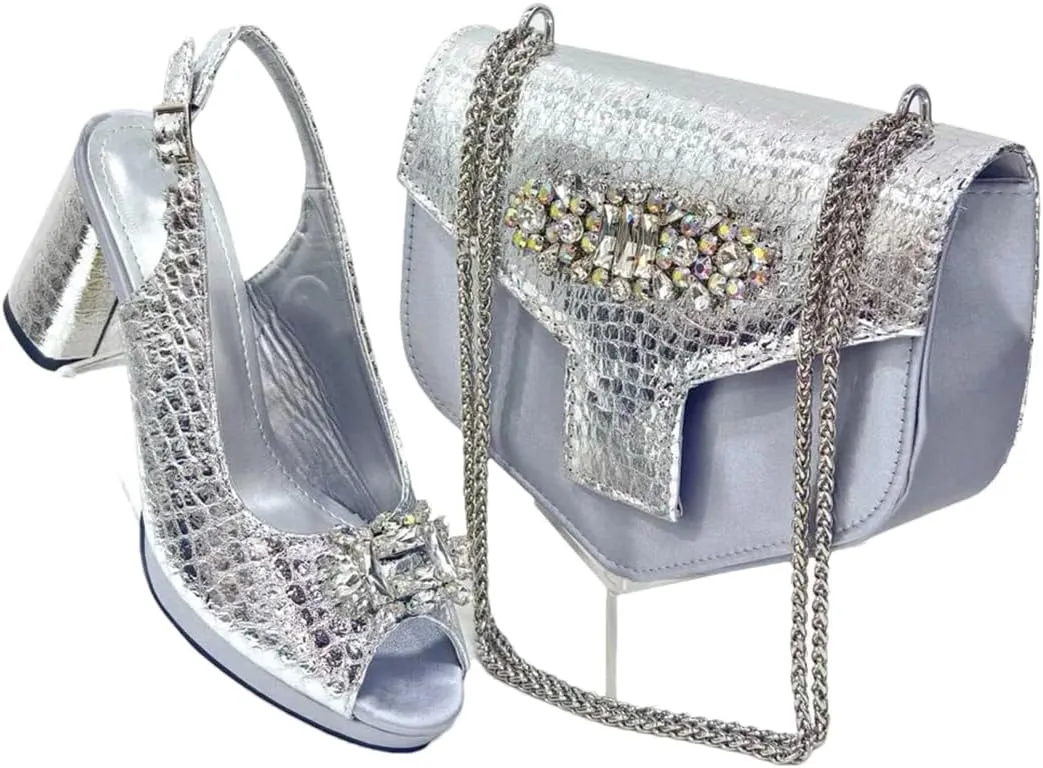 Women’S Brown Open Toe High Heels and Matching Bag Set with Rhinestone Decorations for Fashion Parties