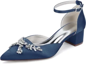 Women's Chunky Block High Heels Pointed Toe Satin Bridal Sandals Rhinestones Ankle Strap Dress Shoes Wedding Party Pump