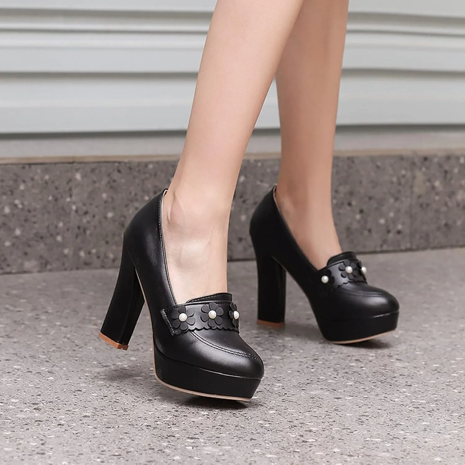 Women's Chunky High Heel Oxford Pumps Round Toe Fashion Flower Slip on Dress Office Platform Shoes