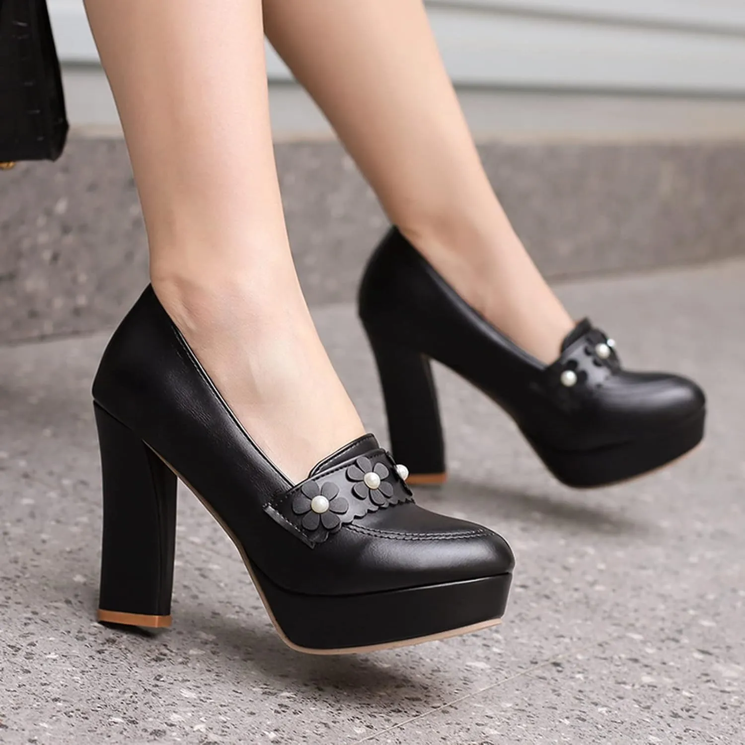 Women's Chunky High Heel Oxford Pumps Round Toe Fashion Flower Slip on Dress Office Platform Shoes