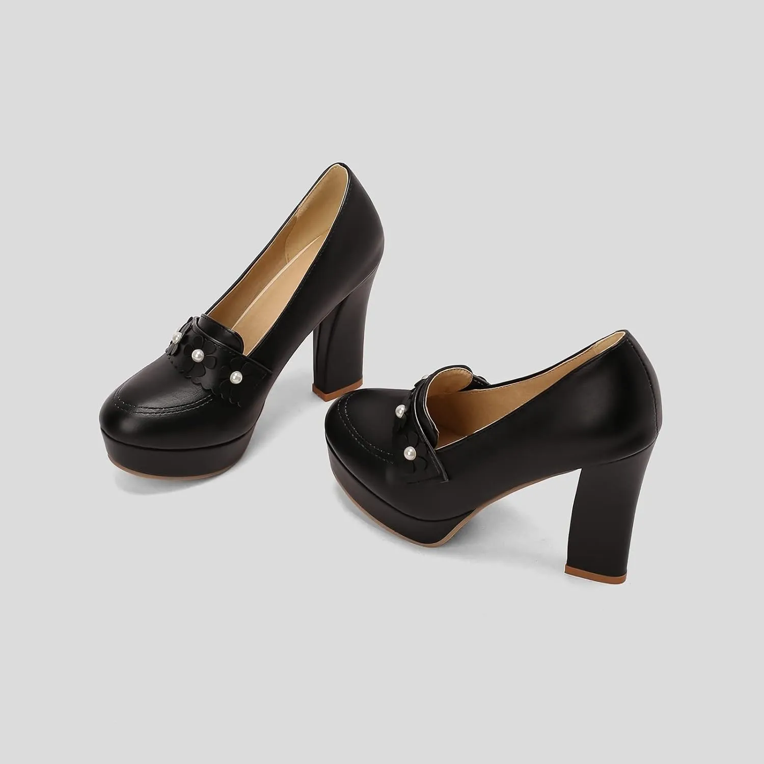 Women's Chunky High Heel Oxford Pumps Round Toe Fashion Flower Slip on Dress Office Platform Shoes