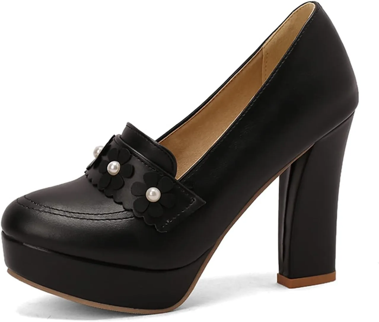 Women's Chunky High Heel Oxford Pumps Round Toe Fashion Flower Slip on Dress Office Platform Shoes
