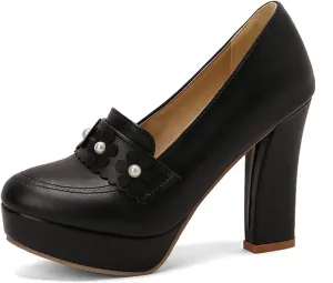 Women's Chunky High Heel Oxford Pumps Round Toe Fashion Flower Slip on Dress Office Platform Shoes