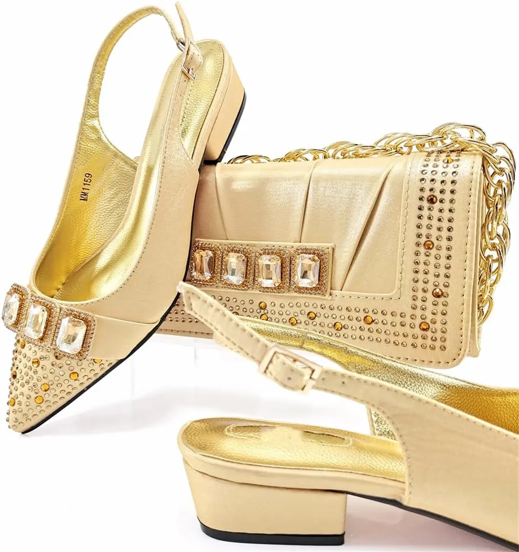 Women’S Classic Italian Shoes and Bag Set for Garden Party with Square Heel and Slingback Design