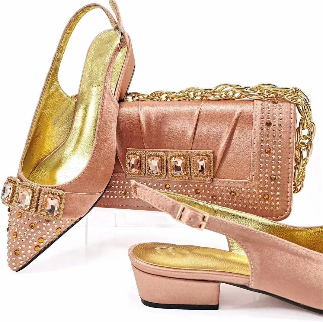 Women’S Classic Italian Shoes and Bag Set for Garden Party with Square Heel and Slingback Design