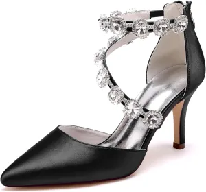 Women's Closed Pointed Toe High Heels Rhinestones Satin Wedding Stilettos Crystal Pump Shoes Heeled Sandals
