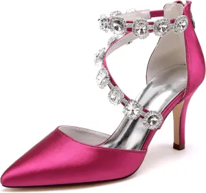 Women's Closed Pointed Toe High Heels Rhinestones Satin Wedding Stilettos Crystal Pump Shoes Heeled Sandals