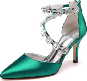 Women's Closed Pointed Toe High Heels Rhinestones Satin Wedding Stilettos Crystal Pump Shoes Heeled Sandals