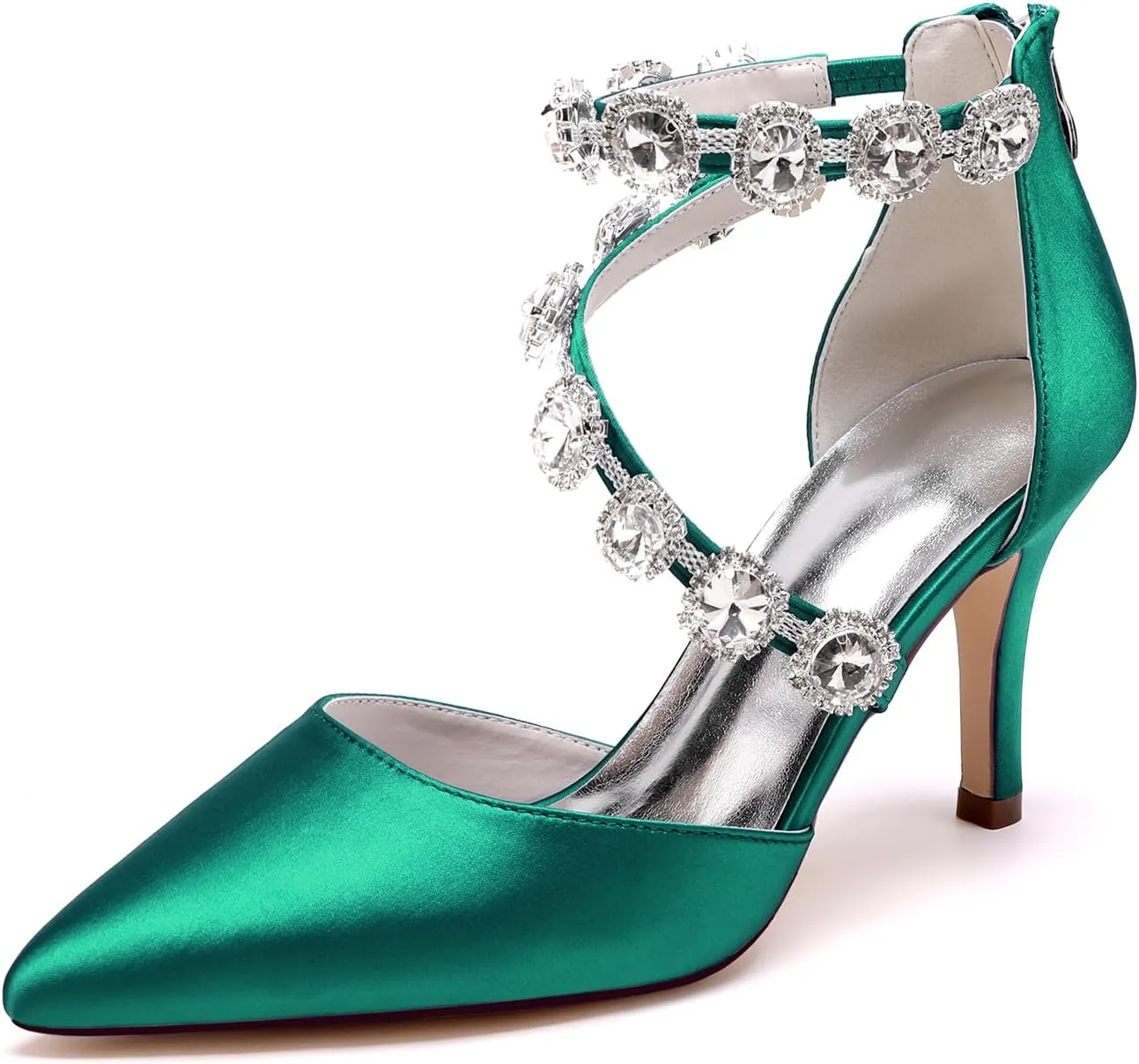 Women's Closed Pointed Toe High Heels Rhinestones Satin Wedding Stilettos Crystal Pump Shoes Heeled Sandals