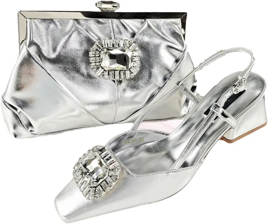 Women’S Coffee Rhinestone Pointed Toe High Heels and Matching Bag Set for Luxury Parties