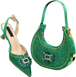 Womens Elegant Rhinestone Pattern Evening Shoes and Purse Combo Pointed Toe High Heels for Bridal Party
