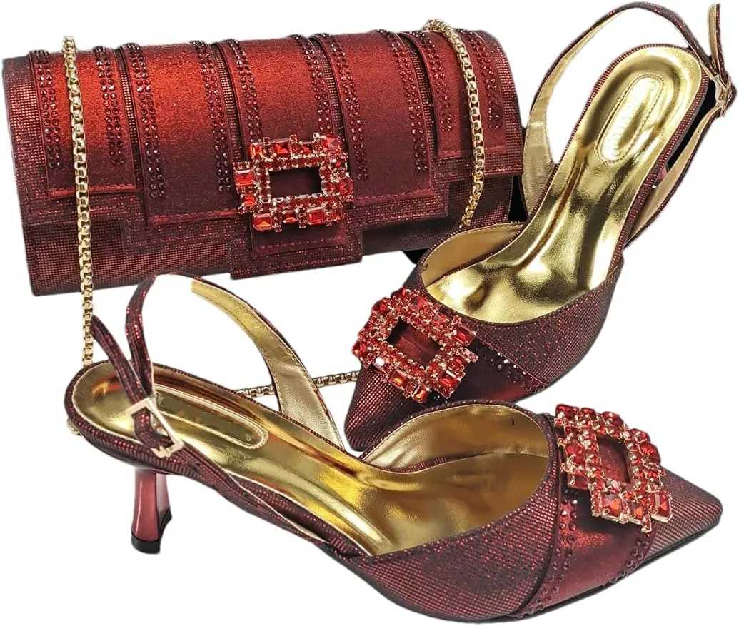 Women’S Fashion Pointed Toe Evening Shoes and Clutch Bag Set with Thin Heel and Rhinestone Embellishment
