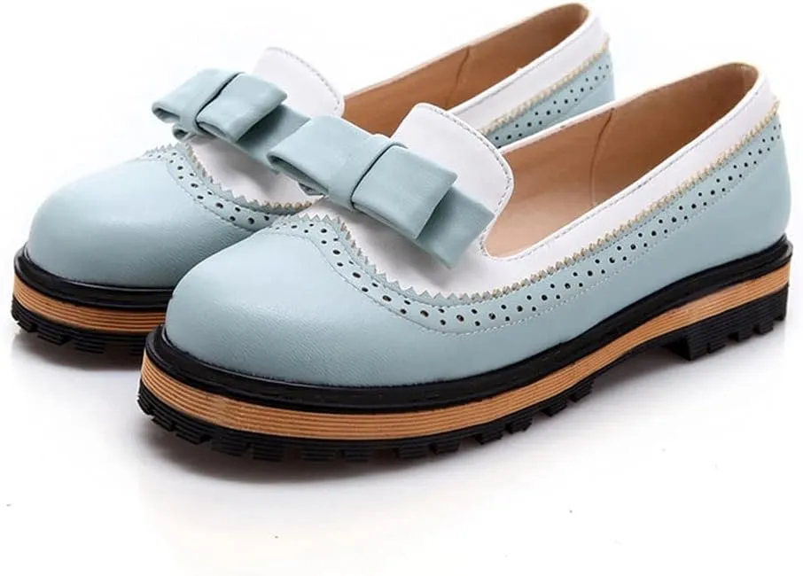 Women's Flat Bow Oxford Shoes Two Tone Slip On Perforated Low Heel School Uniform Oxfords Brogues