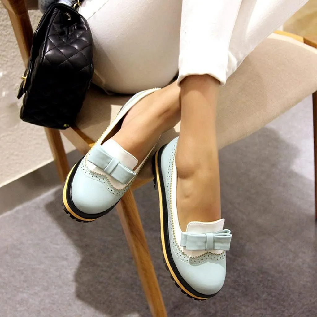 Women's Flat Bow Oxford Shoes Two Tone Slip On Perforated Low Heel School Uniform Oxfords Brogues