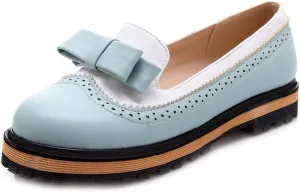 Women's Flat Bow Oxford Shoes Two Tone Slip On Perforated Low Heel School Uniform Oxfords Brogues