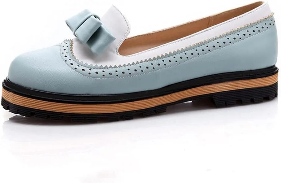 Women's Flat Bow Oxford Shoes Two Tone Slip On Perforated Low Heel School Uniform Oxfords Brogues