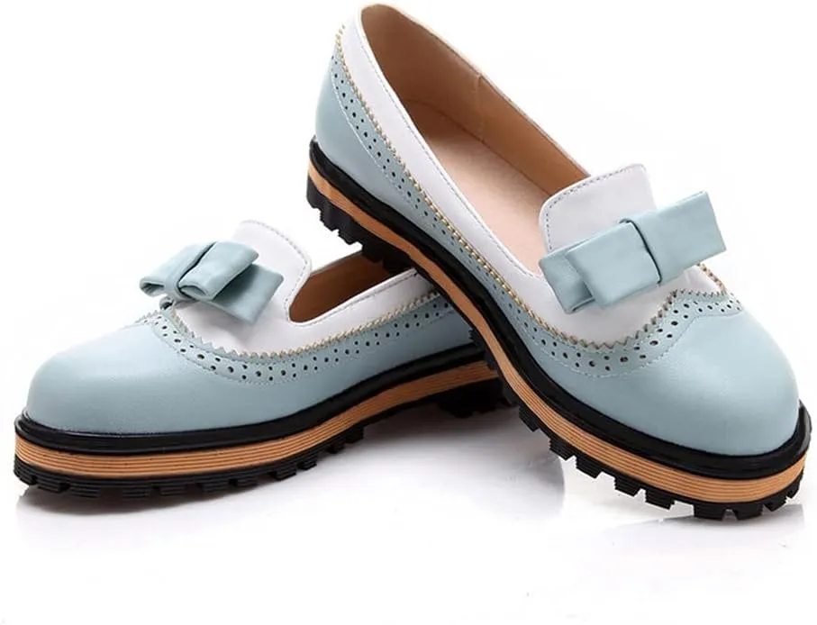 Women's Flat Bow Oxford Shoes Two Tone Slip On Perforated Low Heel School Uniform Oxfords Brogues