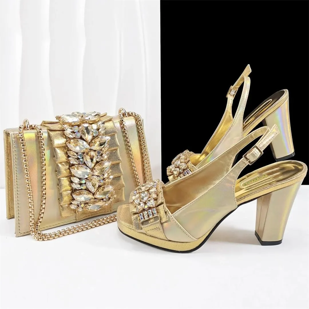 Women’S Gold Rhinestone High Heels and Matching Bag Set with Square Heel for Elegant Parties
