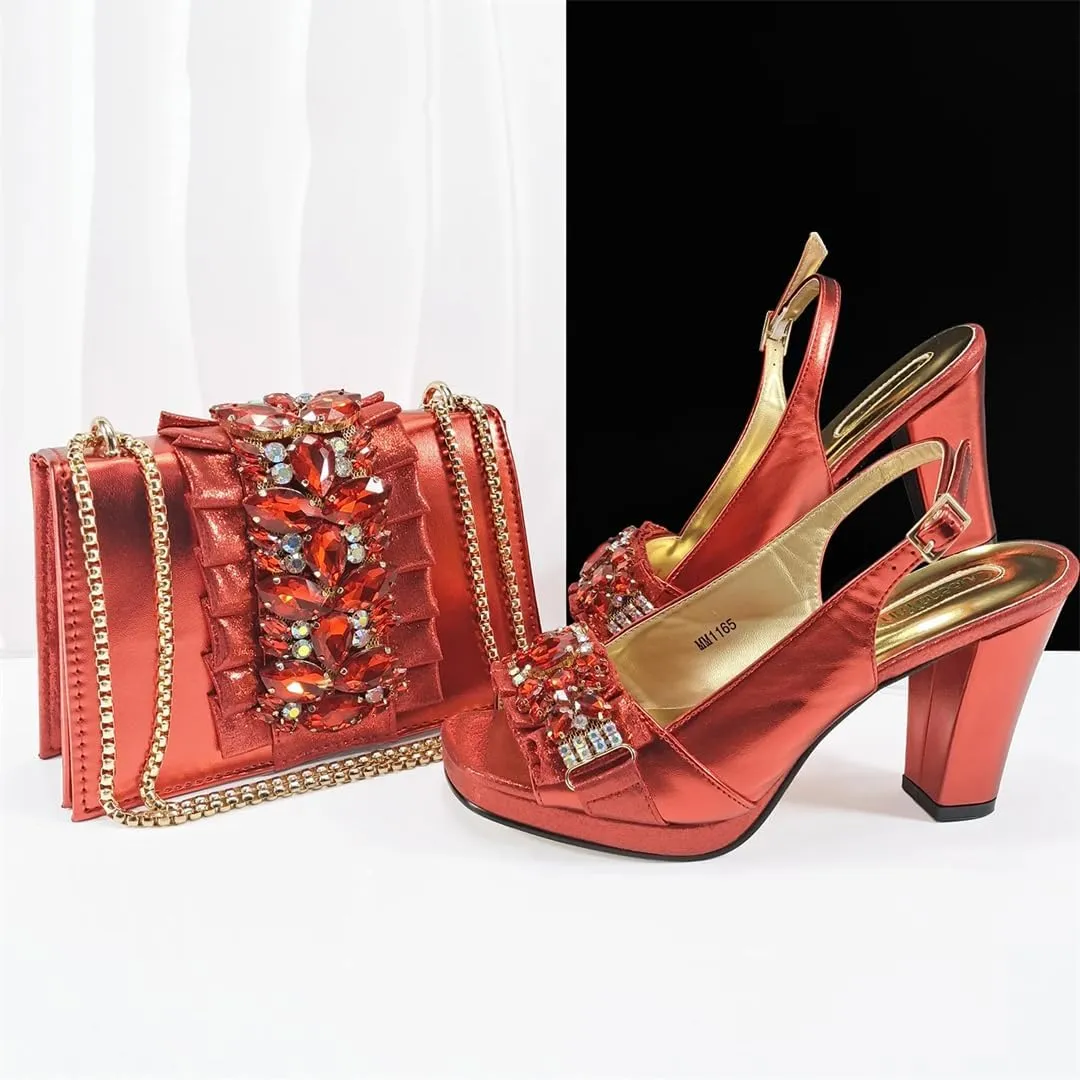 Women’S Gold Rhinestone High Heels and Matching Bag Set with Square Heel for Elegant Parties