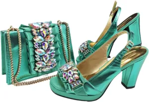 Women’S Gold Rhinestone High Heels and Matching Bag Set with Square Heel for Elegant Parties